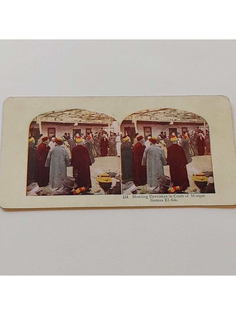 ANTIQUE STEREOGRAPH CARD Double Sided Colour Howling Dervishes/Mosque Sultan